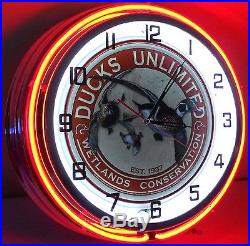 18 Vintage DUCKS UNLIMITED Sign Double Neon Wall Clock Mallard Hunting Cabin