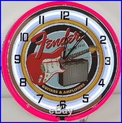 18 Vintage FENDER GUITAR Metal Sign Dbl Neon Wall Clock Amplifier Music Studio
