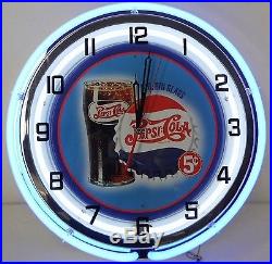 18 Vintage PEPSI Metal Sign Double Neon Wall Clock Bottle Big Glass 5 Cents