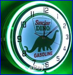 18 Vintage SINCLAIR Metal Sign Double Neon Wall Clock Dino Oil Gas Pump Station
