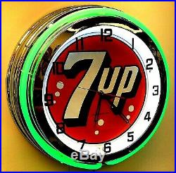 19 7UP Vintage Sign Double Green Neon Clock Mancave Bar 7 UP