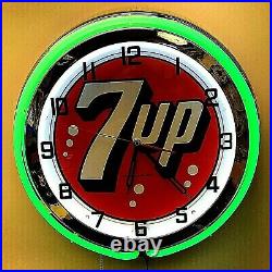 19 7UP Vintage Sign Double Green Neon Clock Mancave Bar 7 UP