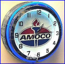 19 Amoco Oil Gas Vintage Logo Sign Double Neon Clock Blue Neon Chrome Finish
