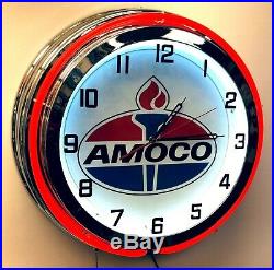 19 Amoco Oil Gas Vintage Logo Sign Double Neon Clock Red Neon Chrome Finish
