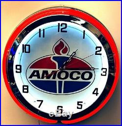 19 Amoco Oil Gas Vintage Logo Sign Double Neon Clock Red Neon Chrome Finish