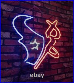 19x19 Texans and Rocket Real Glass Neon Light Sign Decor Room Vintage Style