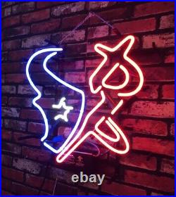 19x19 Texans and Rocket Real Glass Neon Light Sign Decor Room Vintage Style