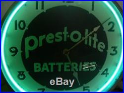 AMAZING original vintage lackner neon clock PREST-O LITE-BATTERIES gas oil sign