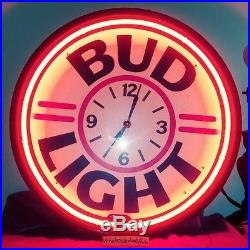 Bud Light Beer Neon Light Clock Sign Vintage Man Cave Bar. 18 inches in diameter