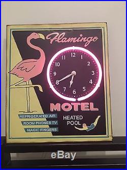 Flamingo Motel Neon Wall Clock Sign Vintage Look Pink Flamingo Neon Excellent