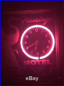 Flamingo Motel Neon Wall Clock Sign Vintage Look Pink Flamingo Neon Excellent