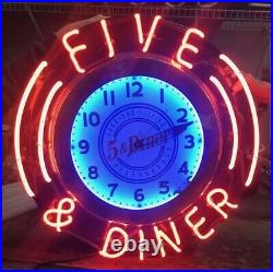 Five & Diner Neon Clock Sign in Steel Can American 50's Retro Burger Vintage