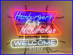 HAMBURGERS AND FRIES Welcome Neon Sign Bar Restaurant Vintage Glass Decor 24x20