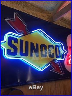 HUGE Vintage NEON SUNOCO JUST AHEAD Sign OIL GAS Station 4'X8' FLASHING ARROW