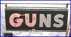 LARGE VINTAGE DOUBLE SIDED HANGING NEON SIGN GALVANIZED METAL BOX GUNS