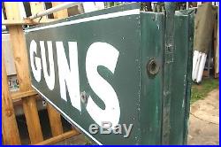 LARGE VINTAGE DOUBLE SIDED HANGING NEON SIGN GALVANIZED METAL BOX GUNS