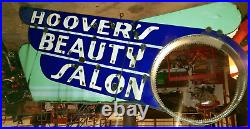 Large double sided porcelain neon sign Hoovers beauty supply vintage on stand