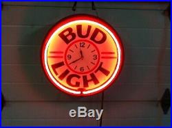 Lighted Bud Light Neon Light Clock Sign Vintage Man Cave Bar Mount Plexiglass