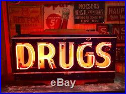 Original Antique DRUGS Double Sided Porcelain Neon Sign Vintage Pharmacy