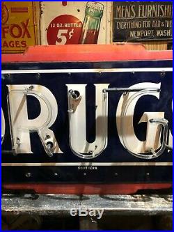 Original Antique DRUGS Double Sided Porcelain Neon Sign Vintage Pharmacy