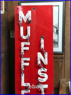 PAIR Porcelain NEON Signs MUFFLERS INSTALLED BRAKES SERVICED Vintage Old Antique