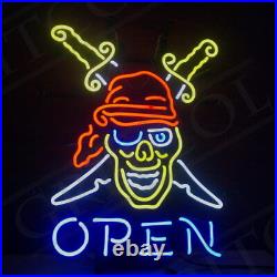 Pirate Open Neon Sign Light Vintage Art Man Cave Bar Shop Real Glass Decor 19