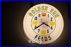 RARE Vintage Golden Sun Feeds Lighted Neon Sign Hanging Clock WORKS