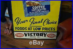 RARE Vintage Victory Stores Coffee sign Advertisement cafe shop 1940's 50's Tin
