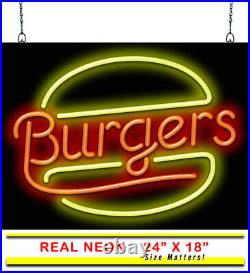 Retro Burgers Neon Sign Jantec 24x 18 Diner Hot Dogs Fries Light Vintage