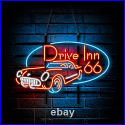 US STOCK Drive Inn 66 Route 24x20 Vintage Car Neon Sign Bar Pub Glass Decor