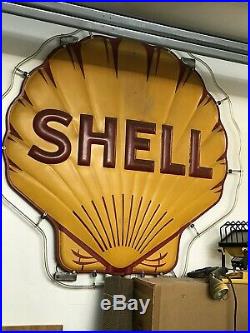 VINTAGE 1940 ADVERTISING SSP CLAMSHELL PORCELAIN SIGN SHELL OIL GASOLINE with NEON