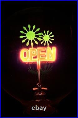VTG Neon OPEN Sign TESLA Light Bulb w Green Glowing Fireworks July 4th America VTG Neon OPEN Sign TESLA Light Bulb w Green Glowing Fireworks July 4th America
