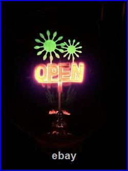 VTG Neon OPEN Sign TESLA Light Bulb w Green Glowing Fireworks July 4th America