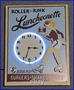 VTG Roller-Rink Luncheonette 5c Soda Pop? Shakes, Fries. Neon Light Clock