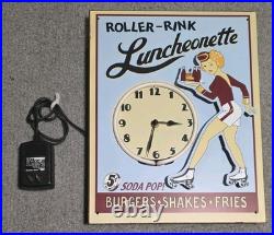 VTG Roller-Rink Luncheonette 5c Soda Pop? Shakes, Fries. Neon Light Clock