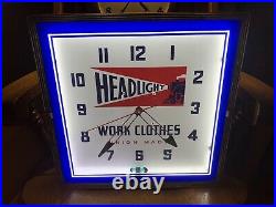 Vintage 1940s Neon Clock, Headlight Work Clothes, Train, Advertising, Sign