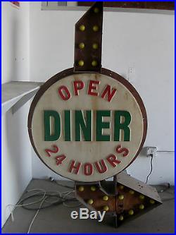 Vintage 1950's BULB LIT ARROW Sign OPEN DINER 24 HOURS with CHASE lights ANTIQUE