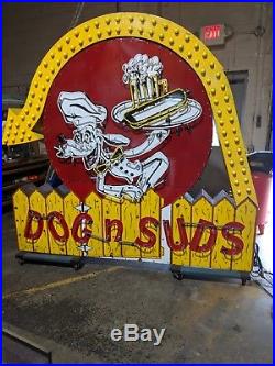 Vintage 1950's Porcelain Neon Dog n Suds Sign. Double Sided with Original Arrow