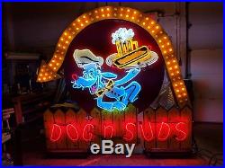 Vintage 1950's Porcelain Neon Dog n Suds Sign. Double Sided with Original Arrow