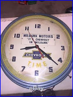 Vintage 1950s Advertising Chevy Neon Clock Chevy Time Milbank Motors