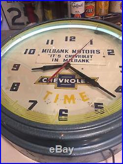 Vintage 1950s Advertising Chevy Neon Clock Chevy Time Milbank Motors