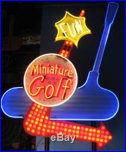 Vintage 1980's MINIATURE GOLF Antique Neon Bulb Lit Sign / Single Sided