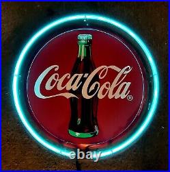 Vintage 1990 Coca Cola Lighted Neon Sign Everbrite Bottle Button Tested Man 98