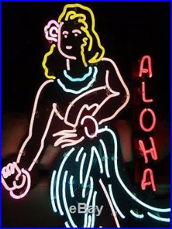 Vintage 5 Ft. Tiki Hawaiian Hula Girl Maiden ALOHA Wood Mounted Neon Sign Rare