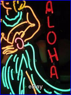 Vintage 5 Ft. Tiki Hawaiian Hula Girl Maiden ALOHA Wood Mounted Neon Sign Rare