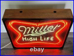 Vintage 60s-70s Authentic Everbrite Miller High Life Neon Sign In Wood Box NICE