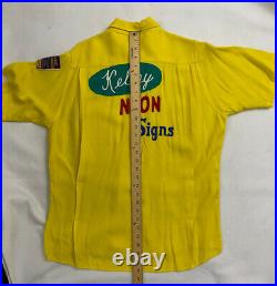 Vintage 60s King Louie Medium Bowling Shirt Chain Stitch Yellow Neon Signs loop