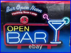 Vintage Bar Sign OPEN BAR Martini Glass Cocktails Flashing Neon Light 18.5x10.8