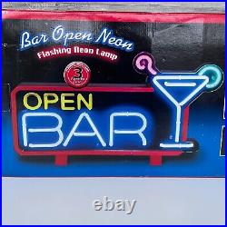 Vintage Bar Sign OPEN BAR Martini Glass Cocktails Flashing Neon Light 18.5x10.8