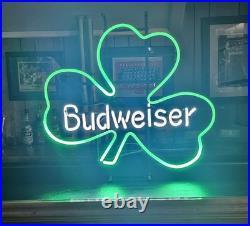 Vintage Budweiser Shamrock Neon Bar Sign RARE! 27x24 Green lit- King Of Beers